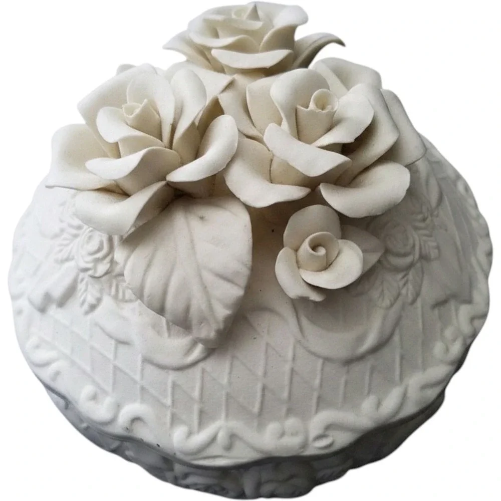 White Bisque Porcelain Rose Trinket Box 3D Floral Basketweave Jewelry Dish Lid